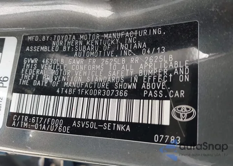 2013 Toyota Camry Le from USA, damaged, VIN 4T4BF1FK0DR307366